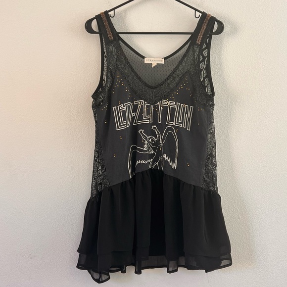 Scrapbook Tops - Rare Led Zeppelin Scrapbook Mixed Media Black Lace Stud Beaded Tank Top Medium